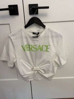 Versace White Crop Tee with Lime Green Logo and Front Knot